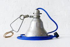 Vintage Clamp Light - Industrial Metal Shade w/ Blue Color Cloth Cord