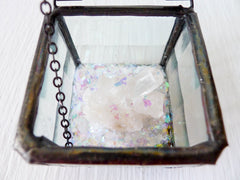 Beveled Glass Jewelry Box with Raw Quartz Crystal Point and Rainbow Mica