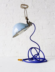 Vintage Industrial Clamp Light w/ Antique Lamp Shade and Royal Blue Textile Cord