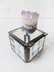 10% SALE Beveled Glass Jewelry Box with Amethyst Druze Crown Agate Crystal Carved Skull