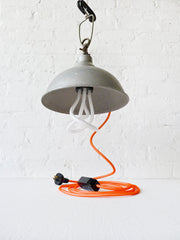 20% SALE Vintage Industrial Clip Clamp Lamp Bell Factory Light with Neon Orange Textile Cord