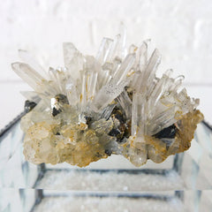 Beveled Glass Jewelry Box with Quartz Pyrite Matrix Crystal Cluster and Mica