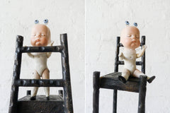 Watching Baby Frankenstein Antique German Bisque Doll with Cast Iron High Chair