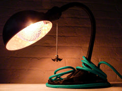 Black Vintage Industrial Gooseneck Lamp With Hanging Bat and Aqua Textile Cloth Color Cord