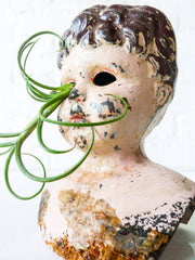 Large Antique German Tin Doll Head Air Plant Garden Creepy Beautiful Brunette Distressed Bust