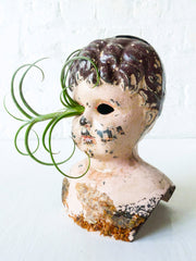 Large Antique German Tin Doll Head Air Plant Garden Creepy Beautiful Brunette Distressed Bust