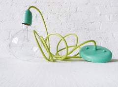 Light Green Color Textile Pendant Hanging Light w/ Pastel Blue Mint Hardware - Custom Designed
