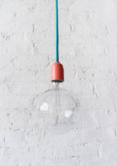 Teal Color Textile Pendant Hanging Light w/ Pastel Coral Hardware - Custom Designed