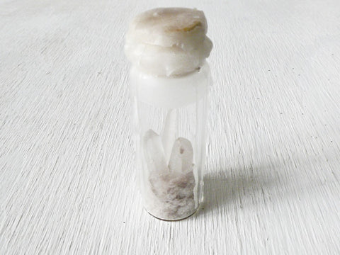 10% SALE Raw Quartz Point and Mica in Wax Sealed Cork Vial