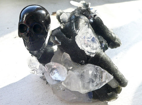 Pointed Apophyllite on Black Chalcedony with Agate Carved Skull