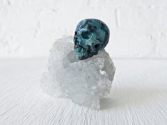 India Crystal Cluster with American Chrysocolla Carved Skull