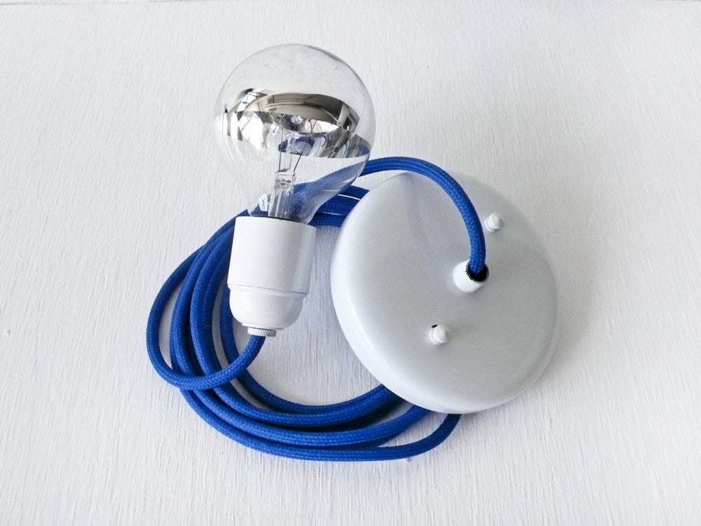 Royal Blue Pendant Light Cord with Large Silver Globe Bulb
