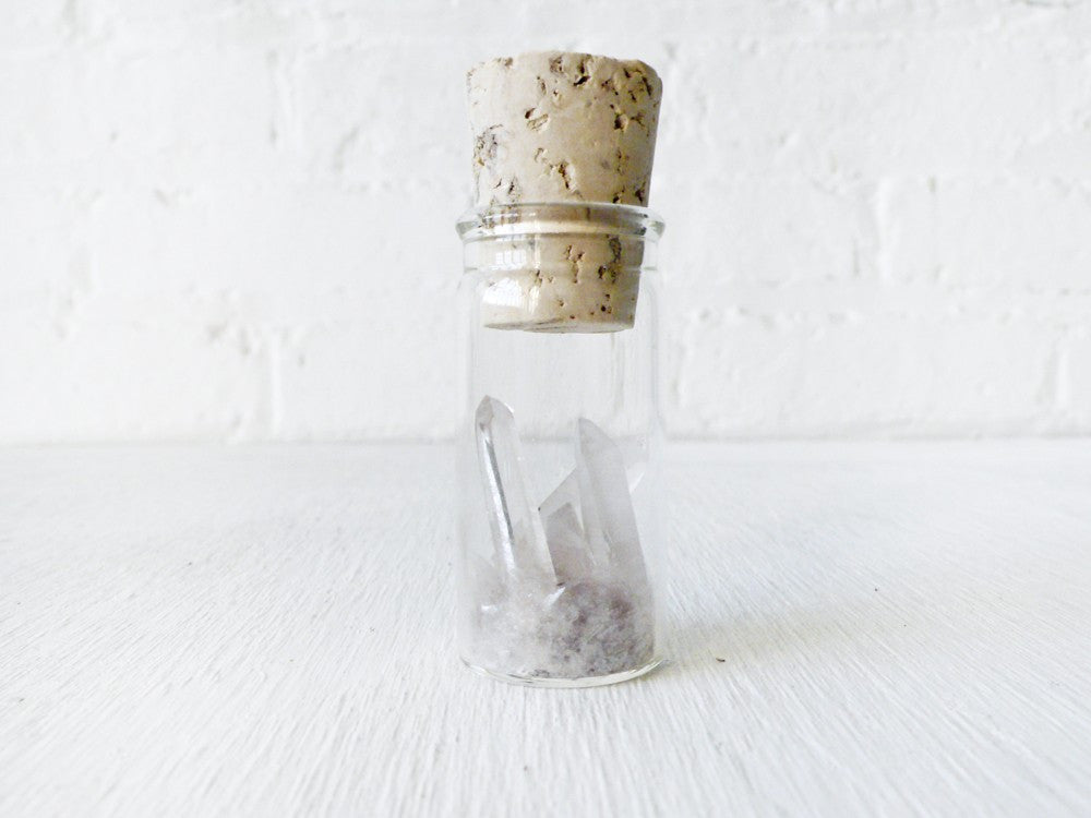 Raw Quartz Point and Mica in Glass Cork Vial