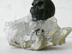 Large Quartz and Green Apatite Crystal with Hot Lava Stone Skull