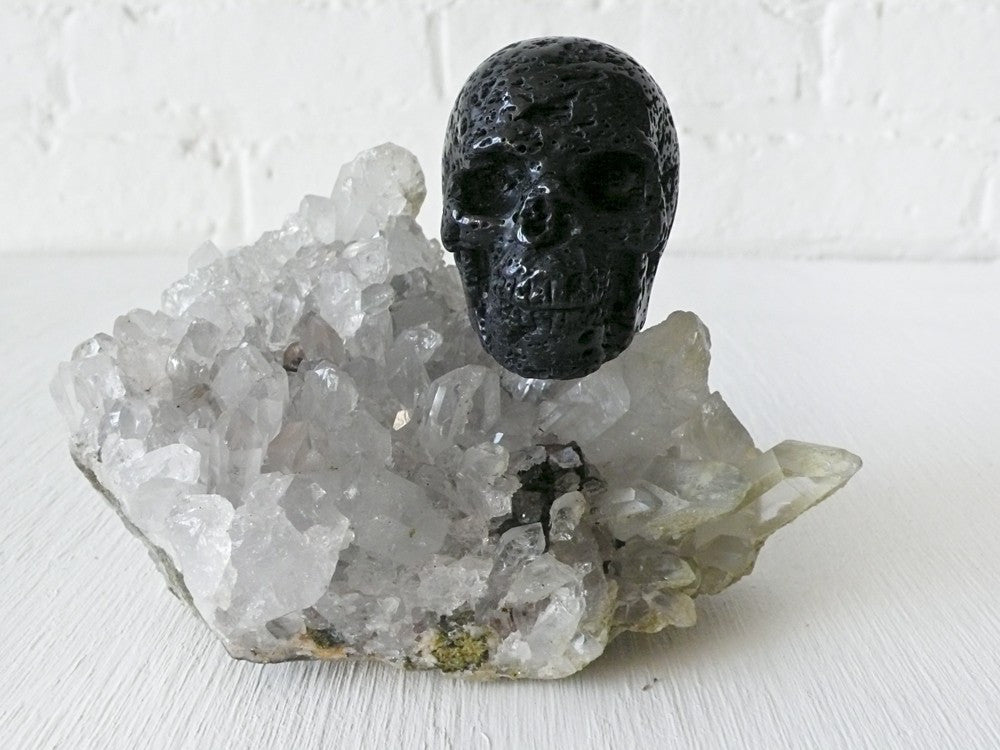 Large Quartz and Green Apatite Crystal with Hot Lava Stone Skull