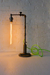 Pope Pipe Industrial Lamp with Tungsten Tubular Bulb and Neon Green Yellow Textile Cord