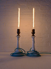 Pair of Vintage White Milk Glass Diamond Cut Candlestick Lamps with Aqua Textile Cord