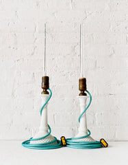 Pair of Vintage White Milk Glass Diamond Cut Candlestick Lamps with Aqua Textile Cord