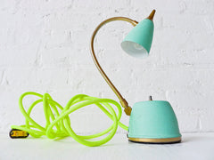 Spring Fresh Mint Green Gooseneck Lamp w/ Neon Yellow Net Color Cord - Vintage Wall/Table Sconce