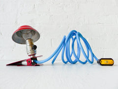 30% SALE Industrial Night Light Mini Red Vintage Clip Lamp with Sky Blue Textile Cord