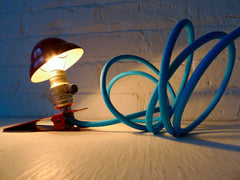 30% SALE Industrial Night Light Mini Red Vintage Clip Lamp with Sky Blue Textile Cord