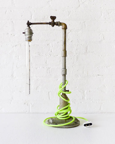 Pope Pipe Industrial Lamp with Tungsten Tubular Bulb and Neon Green Yellow Textile Cord