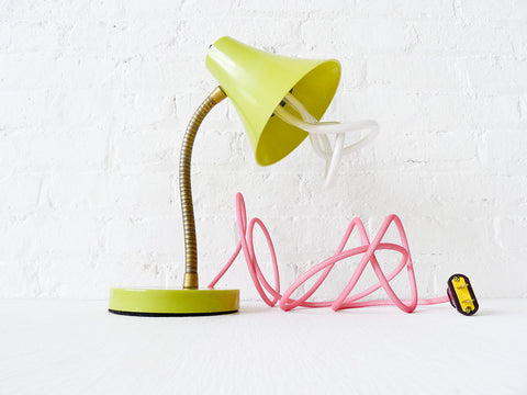 20% SALE Retro Vintage Gooseneck Desk Table Lamp Kiwi Colored with Neon Pink Textile Cord