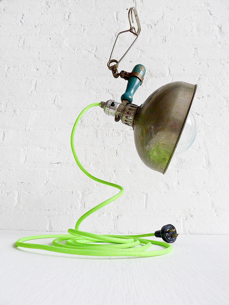 20% SALE Vintage Industrial Clip Clamp Factory Light with Neon Yellow Green Textile Cord