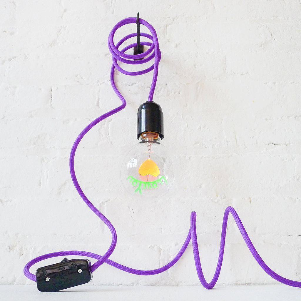 I LOVE YOU Light Bulb Pendant Lamp with Purple Textile Cord