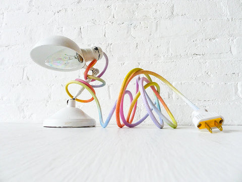 Vintage Industrial White Sconce Clip Clamp Light with Pastel Ombre Rainbow Textile Cord