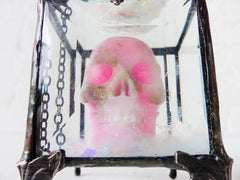 Death Over the Rainbow Beveled Glass Jewelry Box with Pink Crystal Carved Skull