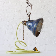 Vintage Industrial Navy Blue Bell Shade Clip Clamp Light w/ Pastel Green Cloth Cord