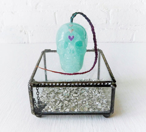 Heart Warrior Glass Jewelry Box Fluorite Crystal Carved Skull with Ombre Human Hair