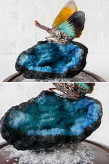 Real Butterfly Crystal Blue Geode Pedestal Glass Cloche Container