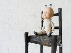 Watching Baby Frankenstein Antique German Bisque Doll with Cast Iron High Chair