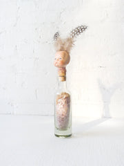 30% SALE Feather Bunny Earz Doll Bottle Topper Vintage Bisque Doll with Antique Glass Bottle