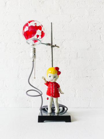 Balloon Girl Light Vintage Bisque Doll on Science Stand Lamp with Textile Cord