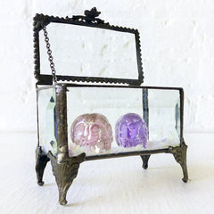 Two REAL Cubic Zirconia Carved Skull Twinz Beveled Glass Jewelry Box with Glitter Mica Embellishment