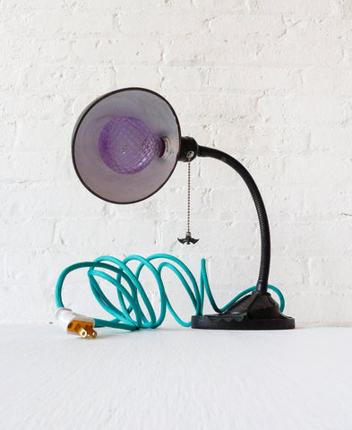 Black Vintage Industrial Gooseneck Lamp With Hanging Bat and Aqua Textile Cloth Color Cord