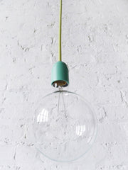 Light Green Color Textile Pendant Hanging Light w/ Pastel Blue Mint Hardware - Custom Designed