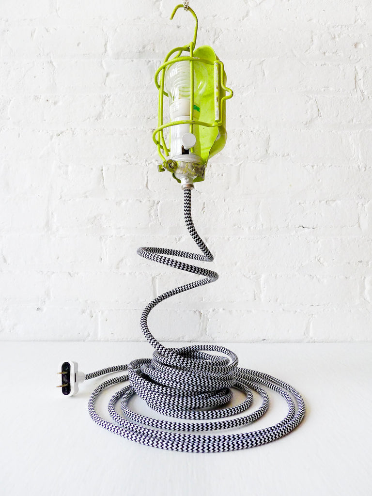 Vintage Industrial Neon Cage Lamp with Hook and Black and White Cloth Cord