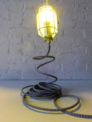 Vintage Industrial Neon Cage Lamp with Hook and Black and White Cloth Cord